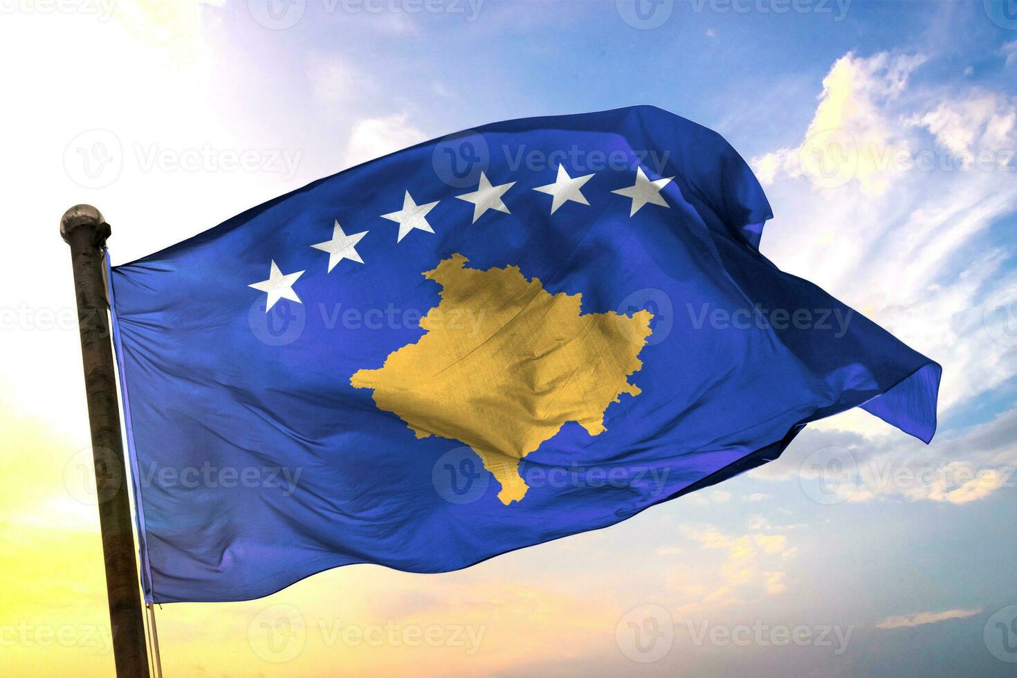 Kosovo 3D rendering flag waving isolated sky and cloud background photo