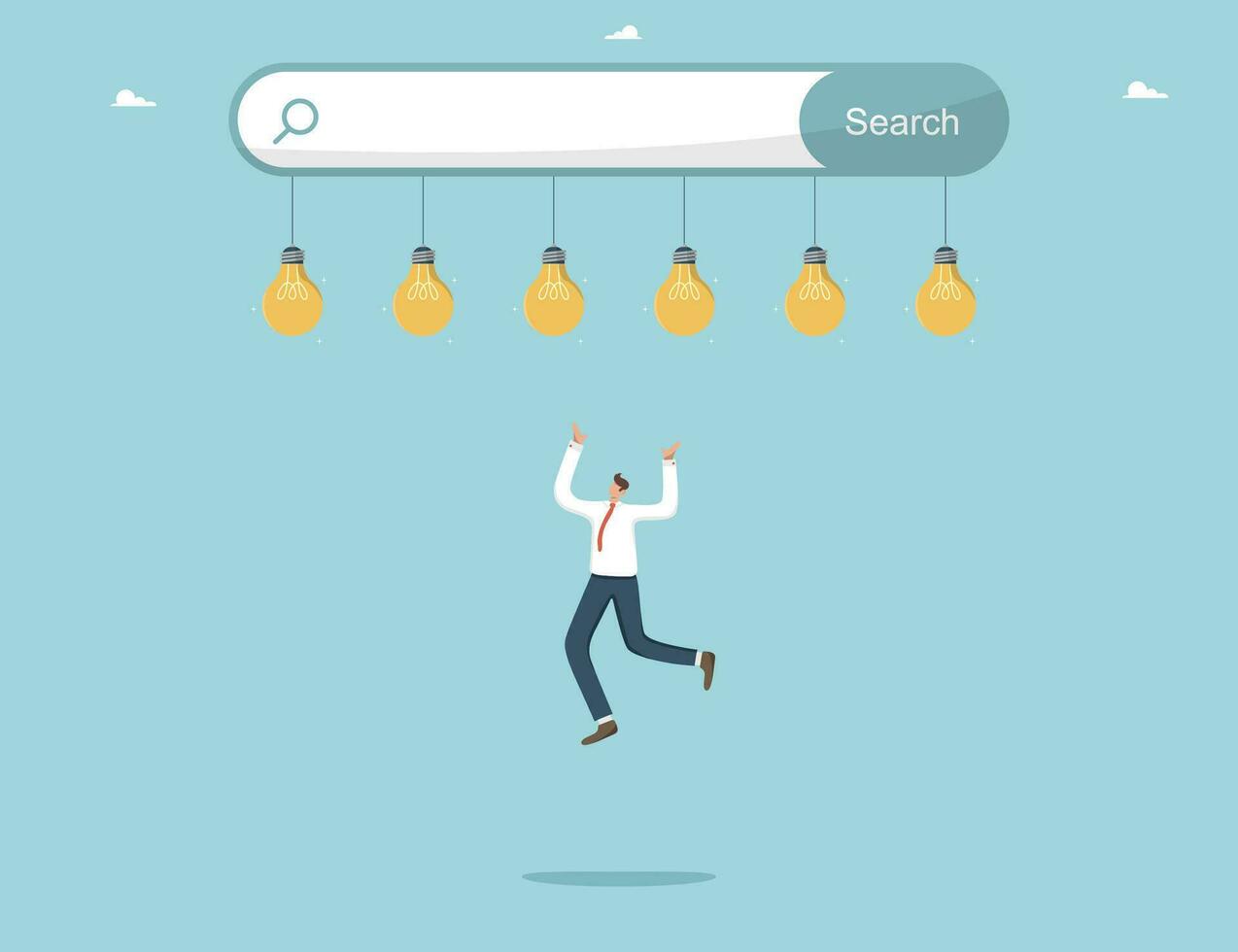 New opportunities, openness to new knowledge or science, searching for necessary information, search engine optimization, searching for ideas on Internet, man jumping for light bulbs from search bar. vector