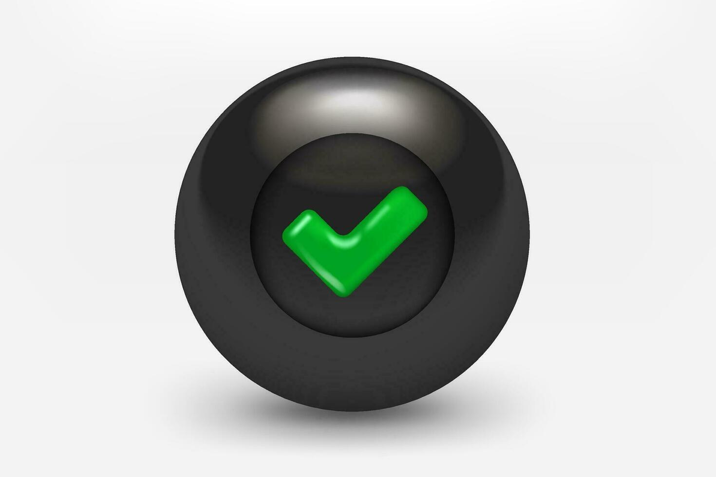 Black ball with green checkmark icon. 3d vector illustration