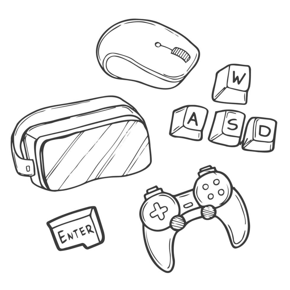 Set of gaming, playing icon doodles. Hand drawn sketched. Vector Illustration.