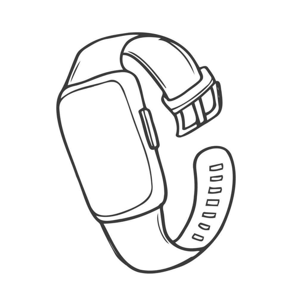 inteligente reloj línea icono vector ilustración. mano dibujado contorno usable muñeca reloj pulsera con pulsera y rastreador supervisión calidad de dormir y relajarse, latidos del corazón durante Deportes formación