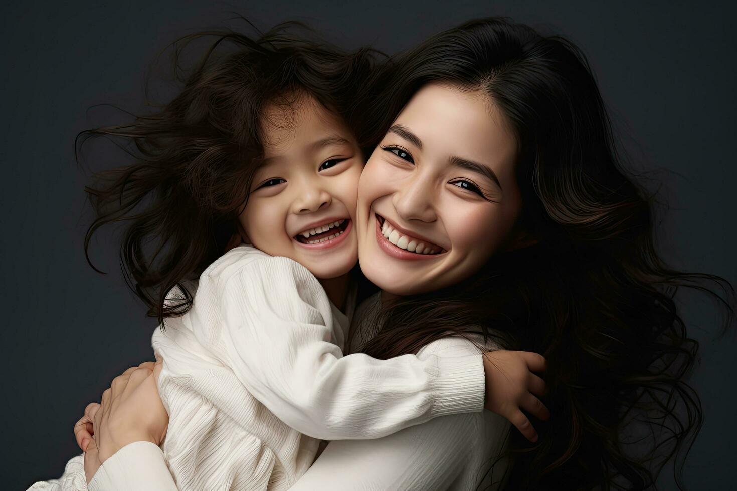 retrato de contento asiático madre y hija abrazando en oscuro fondo, alegre asiático niñito hija abrazando contento madre aislado en gris, ai generado foto