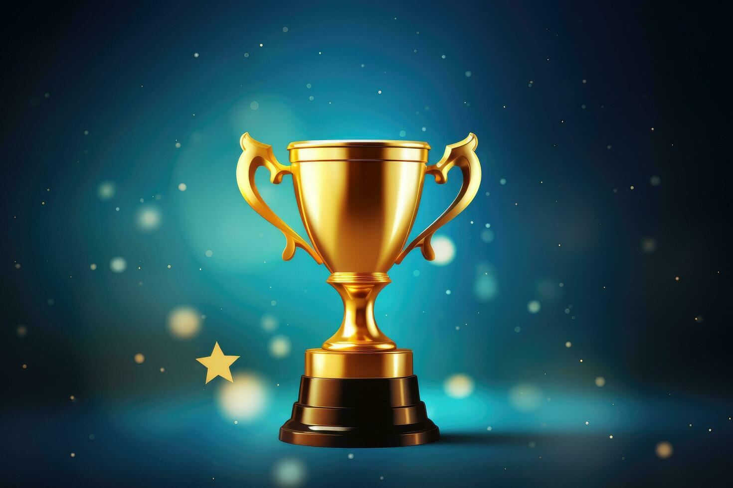 Realistic golden trophy cup on dark blue background. Vector illustration, Champion golden trophy with gold stars on blue dark background, AI Generated photo