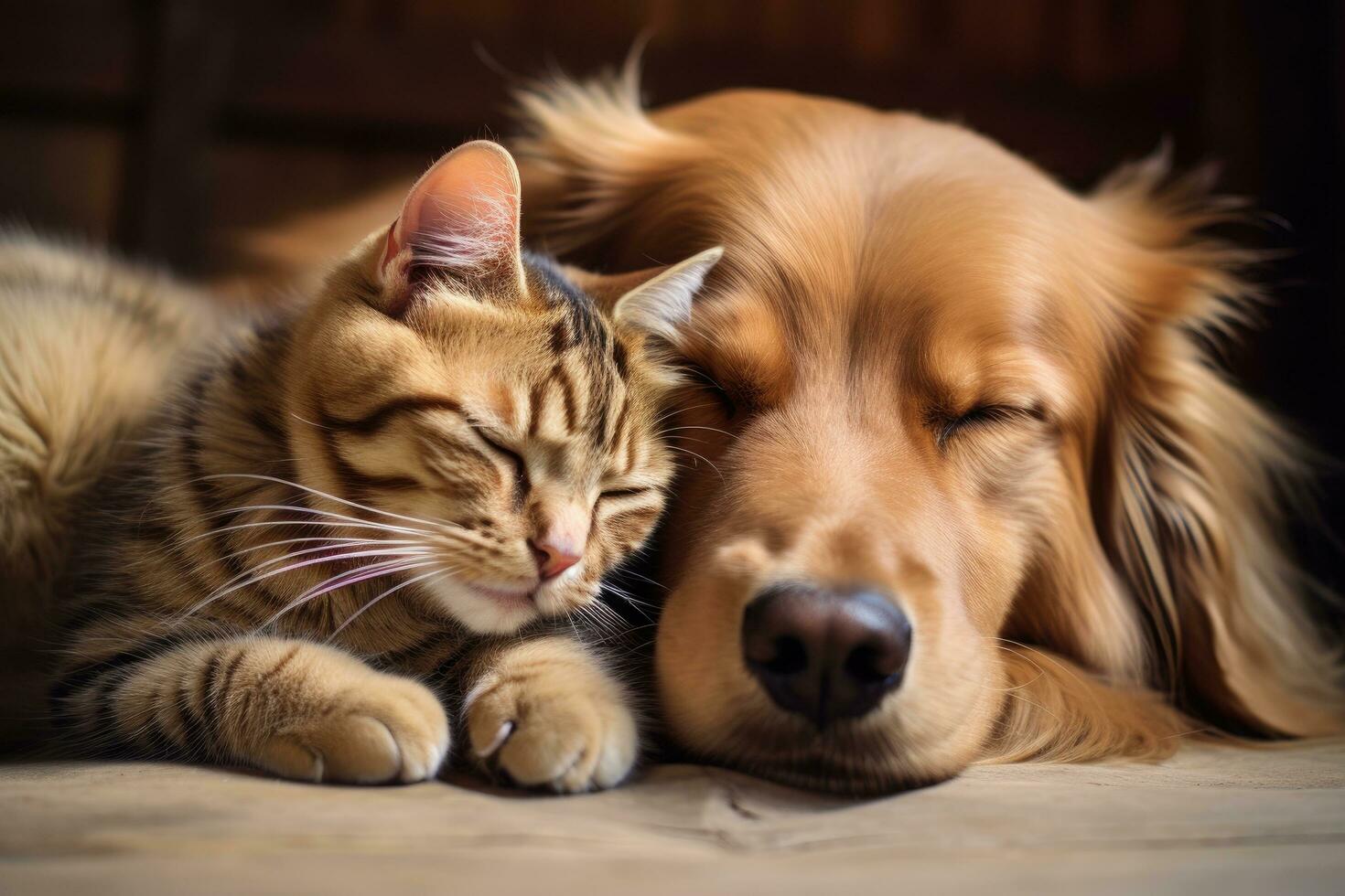 Cat and Golden Retriever lying together on the wooden floor, Cat and dog sleeping together, AI Generated photo