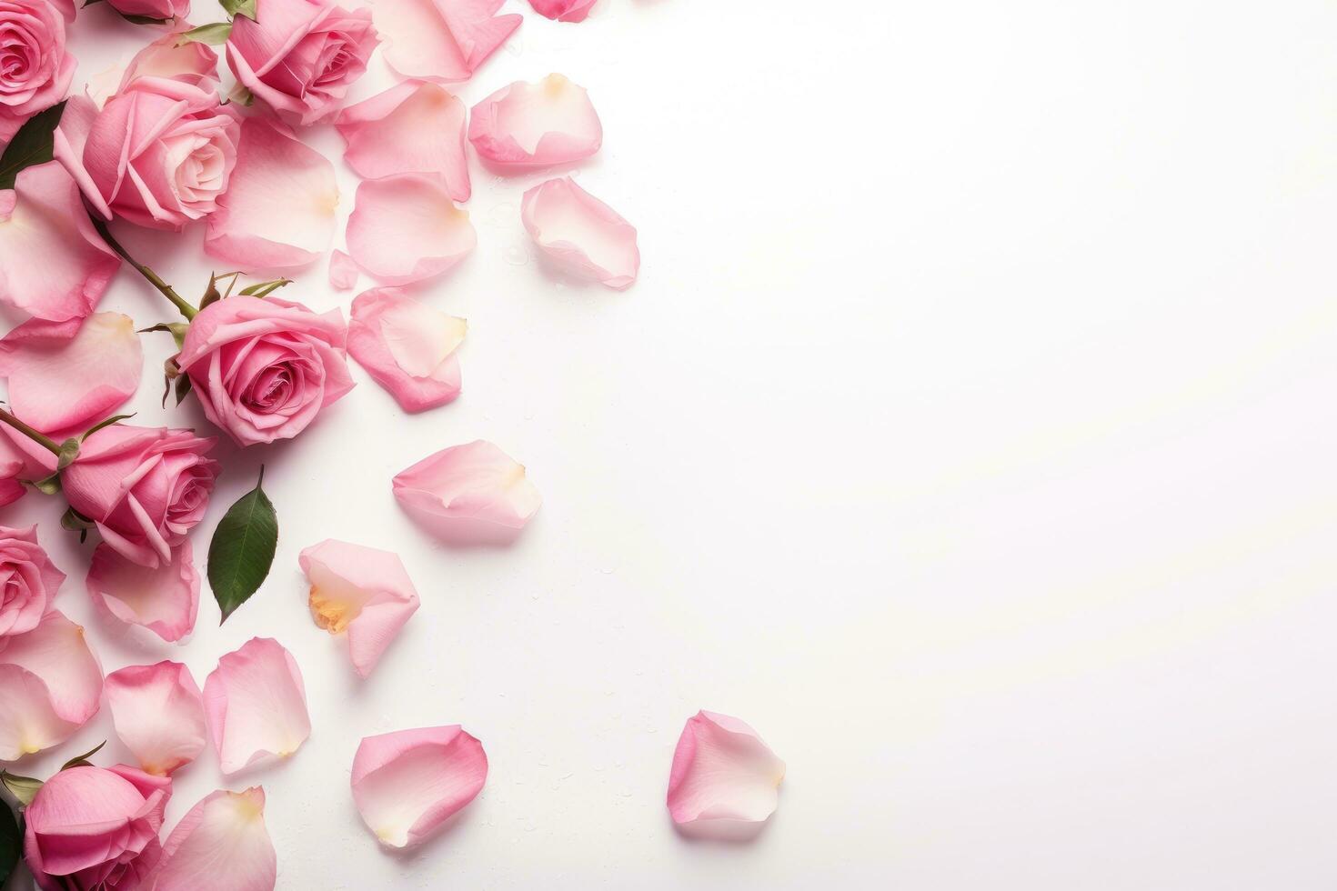 Pink rose petals on white background with copy space for text, Close up ...