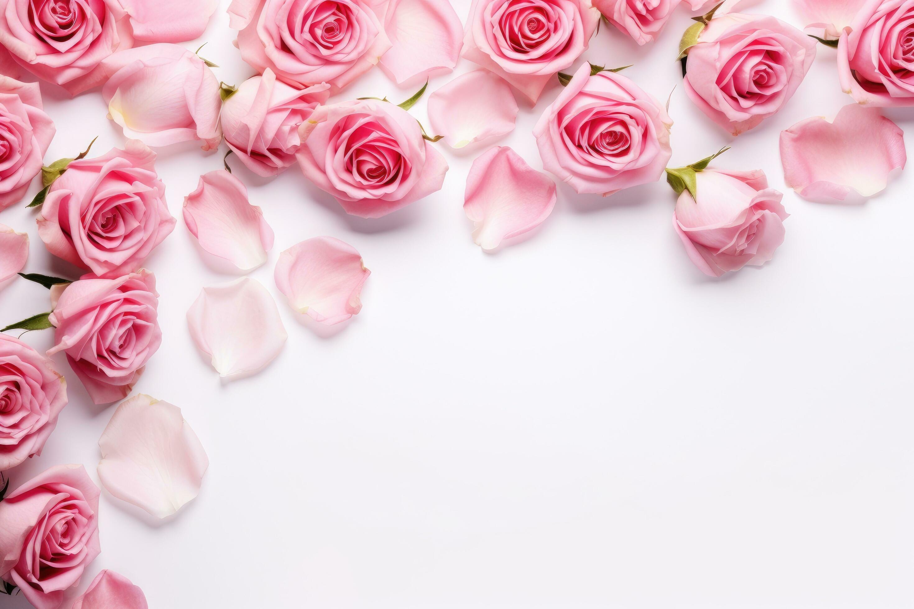 Pink rose flowers petals on white background. Flat lay, top view, copy  space., Stock image