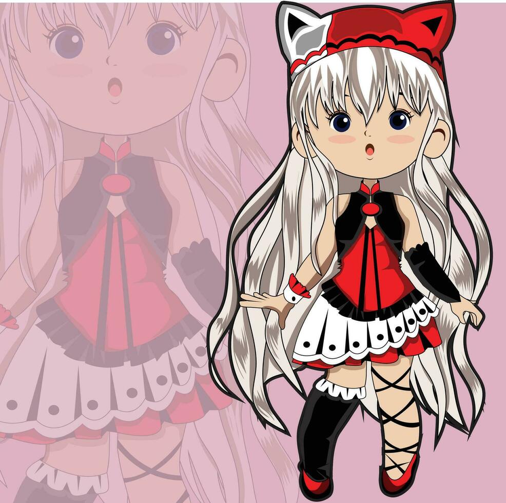 a cartoon character with long white hair and a red dress vector