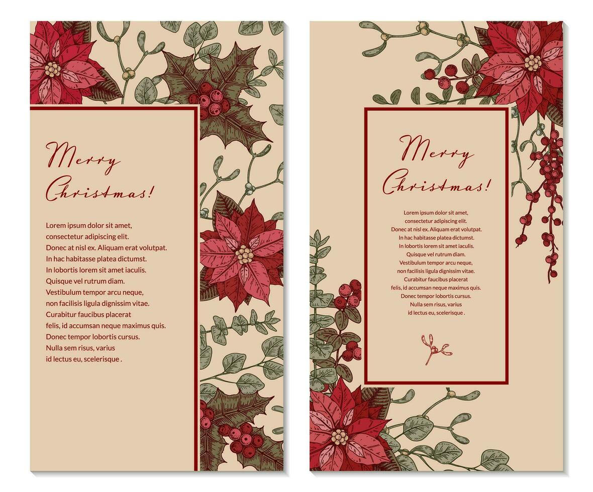 Two side Merry Christmas and Happy New year greeting card. Hand drawn sketch winter postcard. Trendy holiday festive design background for invitations, certificate, social media templates vector