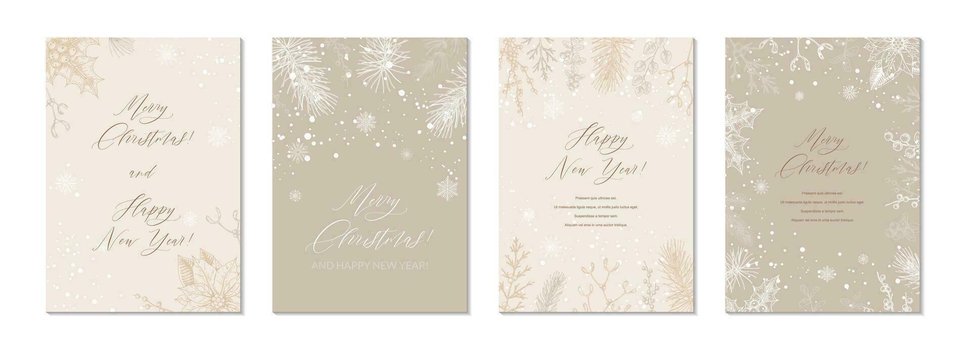 Merry Christmas and Happy New year greeting cards set. Hand drawn sketch winter postcard. Trendy holiday festive design background for invitations, certificate, social media templates vector