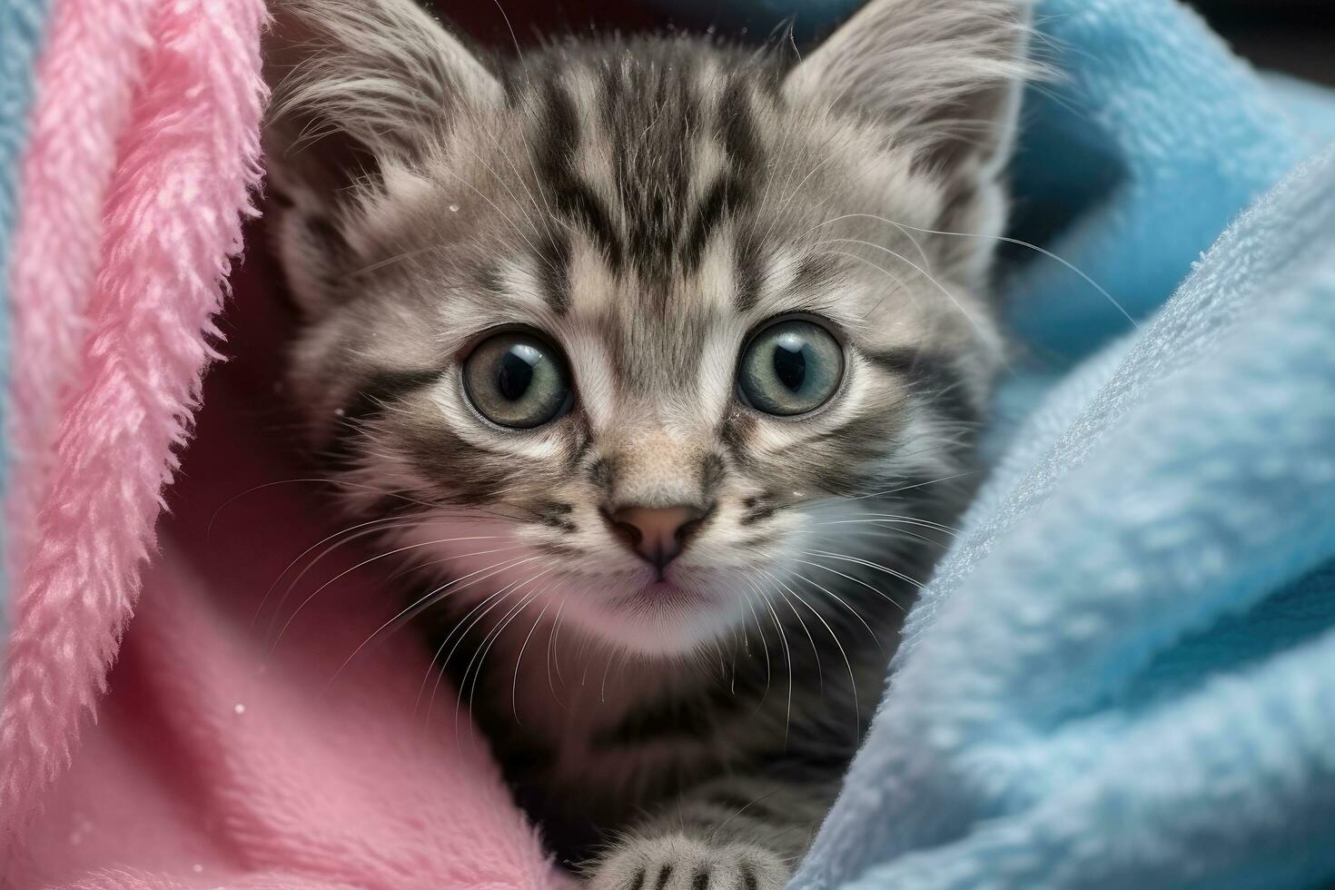 Cute little bengal kitten with blue eyes lying on blue blanket, cute wet gray tabby cat kitten after bath wrapped in pink towel with blue eyes, AI Generated photo