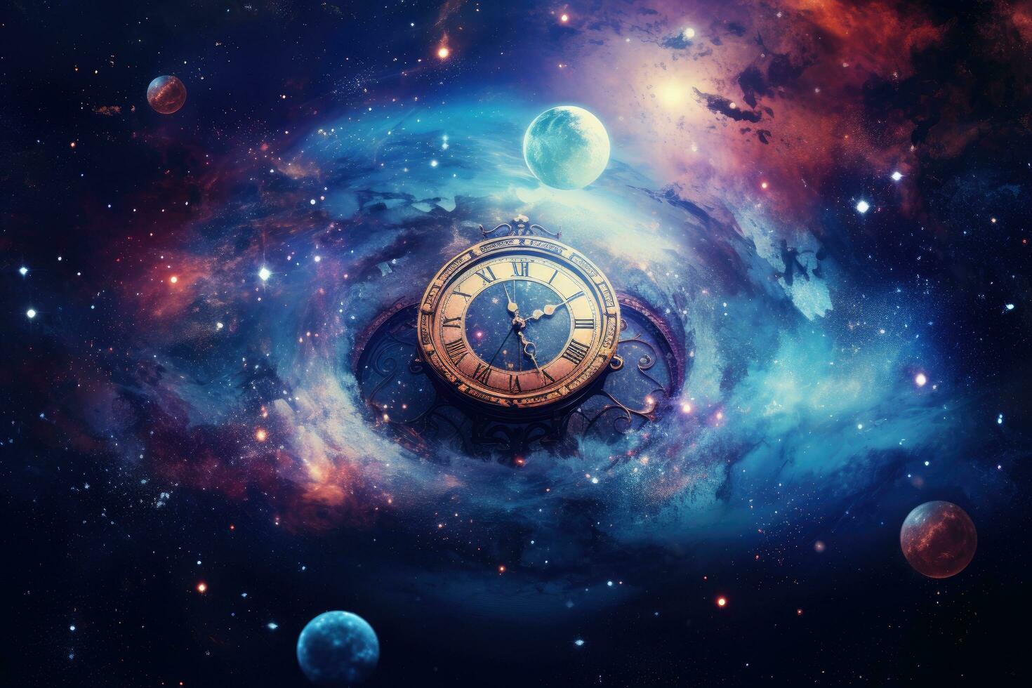 Vintage pocket watch in deep space. Elements of this image furnished by NASA, Colorful abstract wallpaper texture background, Universe and time travel between stars and planets, AI Generated photo