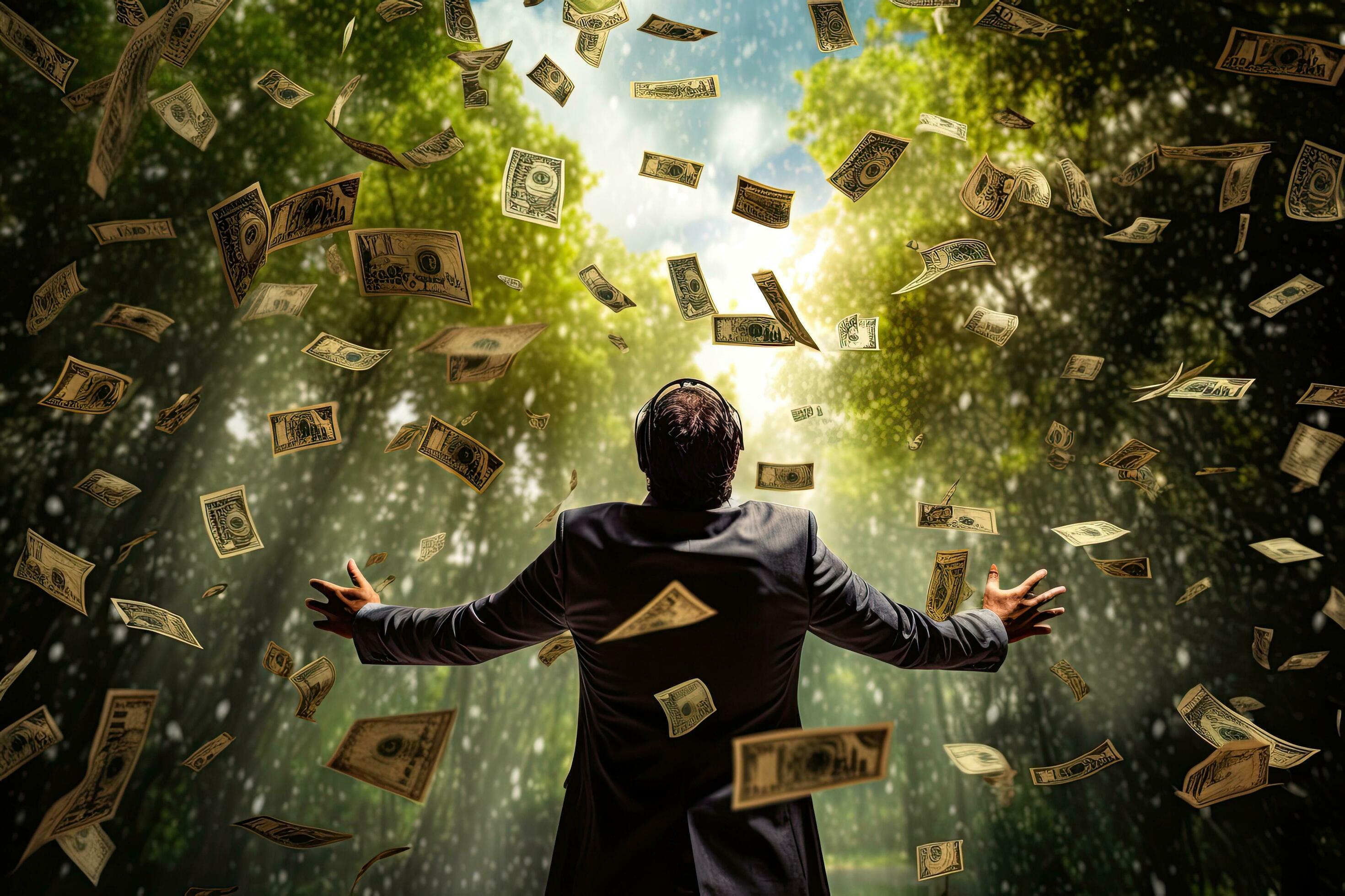 Rear View Of A Businessman Standing In A Rain Of Dollar Bills Happy rear-view-of-a-businessman-standing-in-a-rain-of-dollar-bills-happy