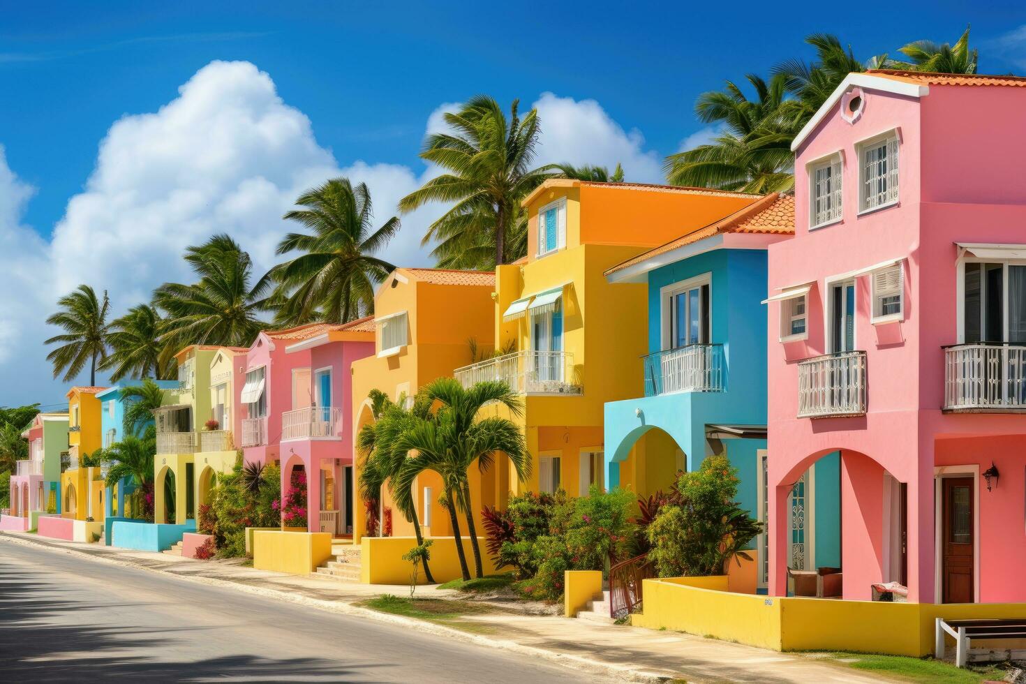 Colorful houses on the island of St. Lucia, Caribbean, Colourful houses on the tropical island of Barbados, AI Generated photo