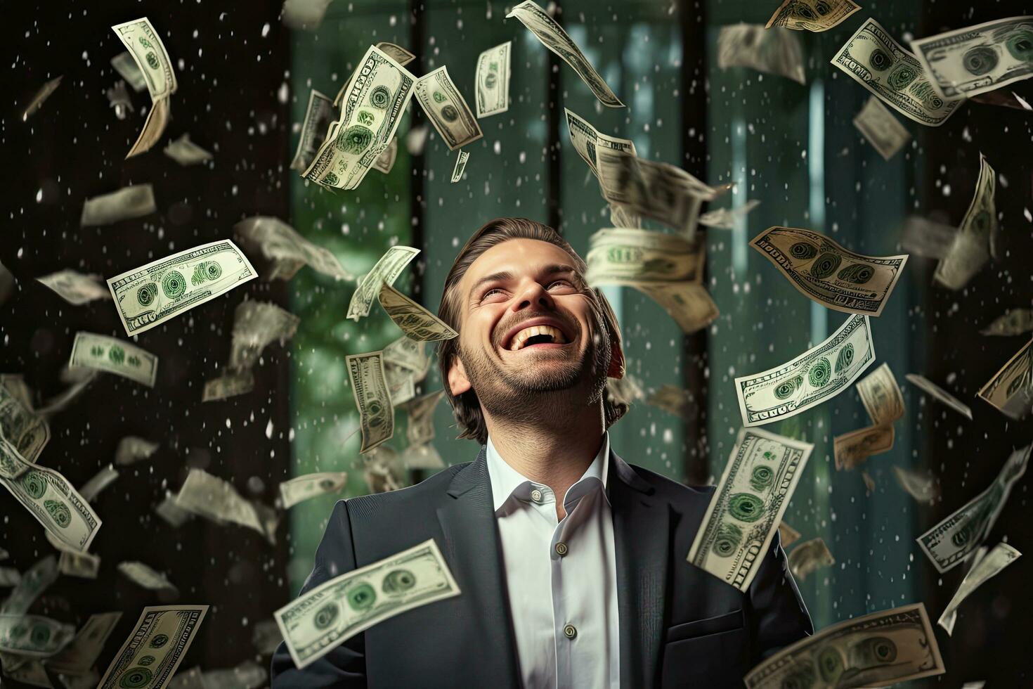 Businessman under rain with dollar bills flying in the air. Success concept, Happy successful man standing under money rain. A lot of dollar banknotes falling on smiling man, AI Generated photo