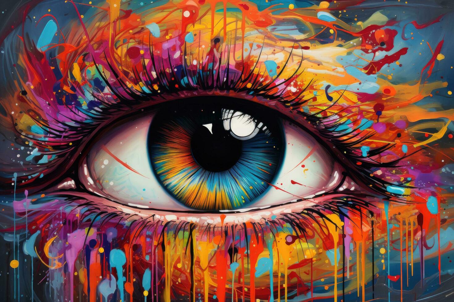 Close up of beautiful female eye with abstract colorful paint splashes, colorful eye painting, AI Generated photo