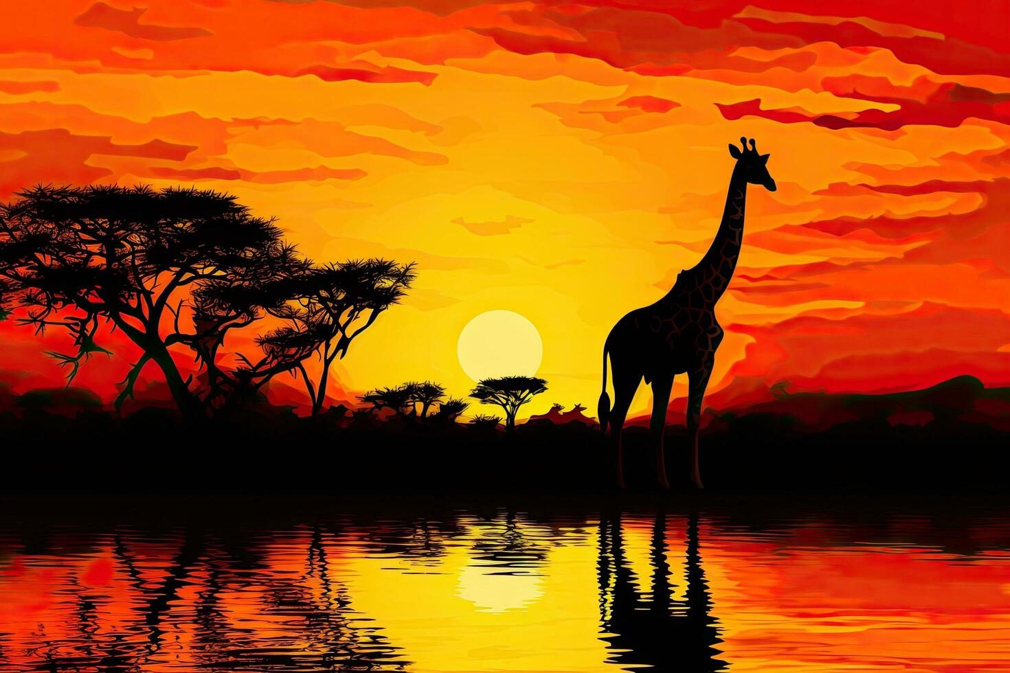 Giraffe at sunset in Africa, vector illustration, eps 10, Giraffe Silhouette - African Wildlife Background - Beauty in Color and Freedom, AI Generated photo