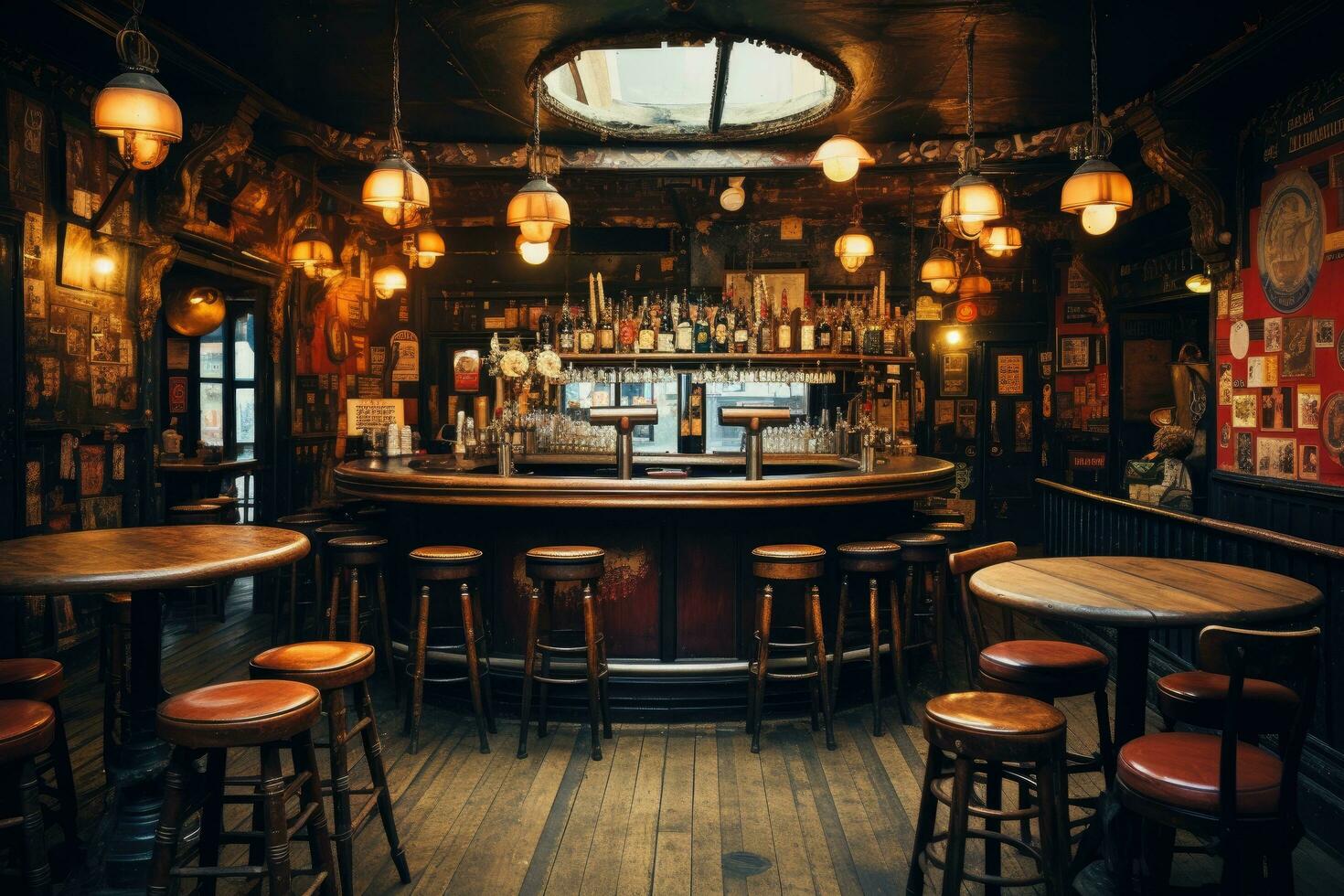 Interior of a pub with wooden tables and chairs. Toned, Concept of pub culture and drinking, AI Generated photo