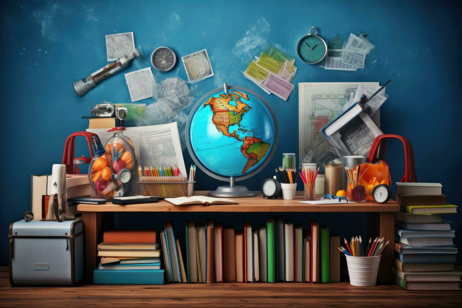 Back to school concept with books, globe, stationery and accessories on wooden shelf, Composite image of school supplies on desk, AI Generated photo