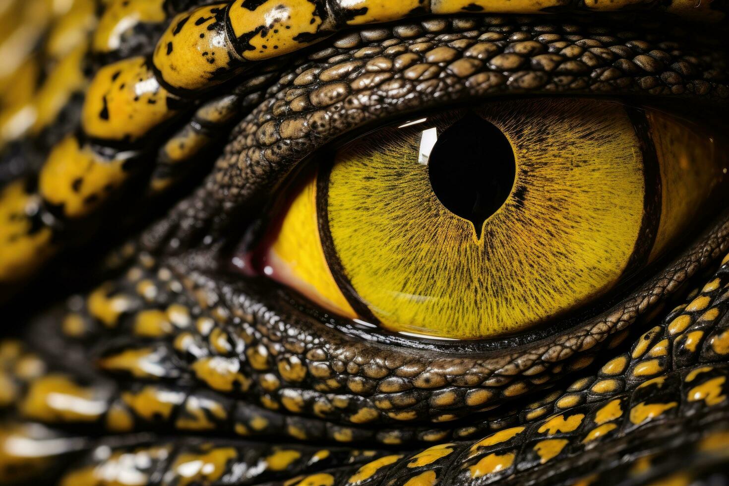 Macro image of an eye of a crocodile, extreme closeup, Close up of the yellow eye crocodile, AI Generated photo
