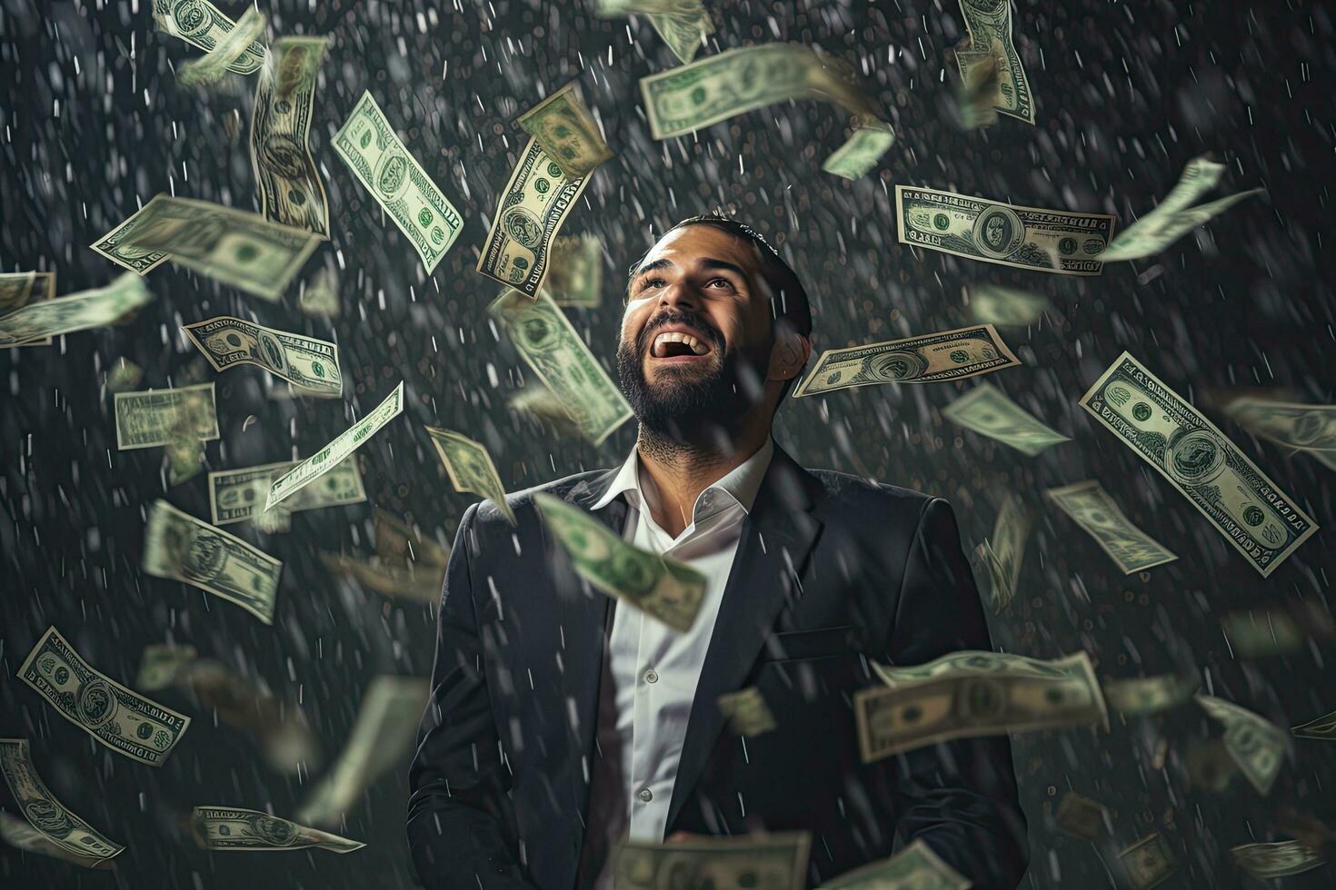 Businessman in rain and falling dollar banknotes. Success concept, Happy successful man standing under money rain. A lot of dollar banknotes falling on smiling man, AI Generated photo