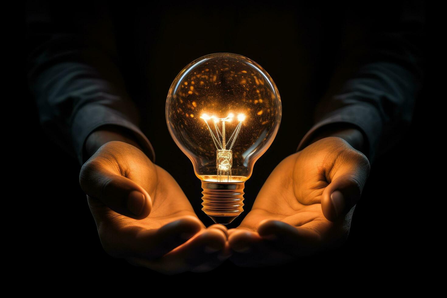 Glowing light bulb in the hands of a man on a black background, Conceptual image of lightbulb in hand against Black background, AI Generated photo