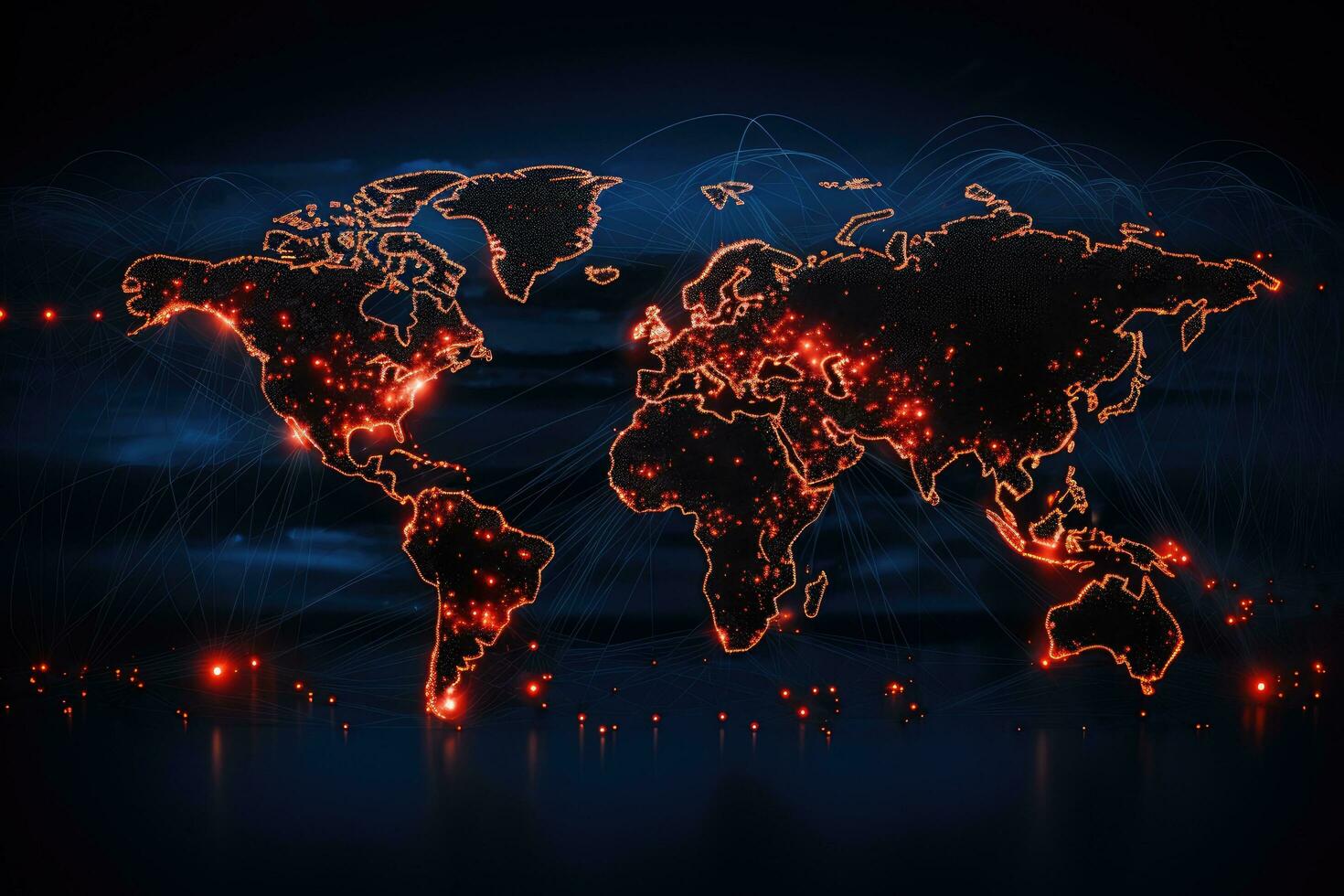 World map on a dark background, glowing lines symbols of the Internet, Communications network map of the world, AI Generated photo