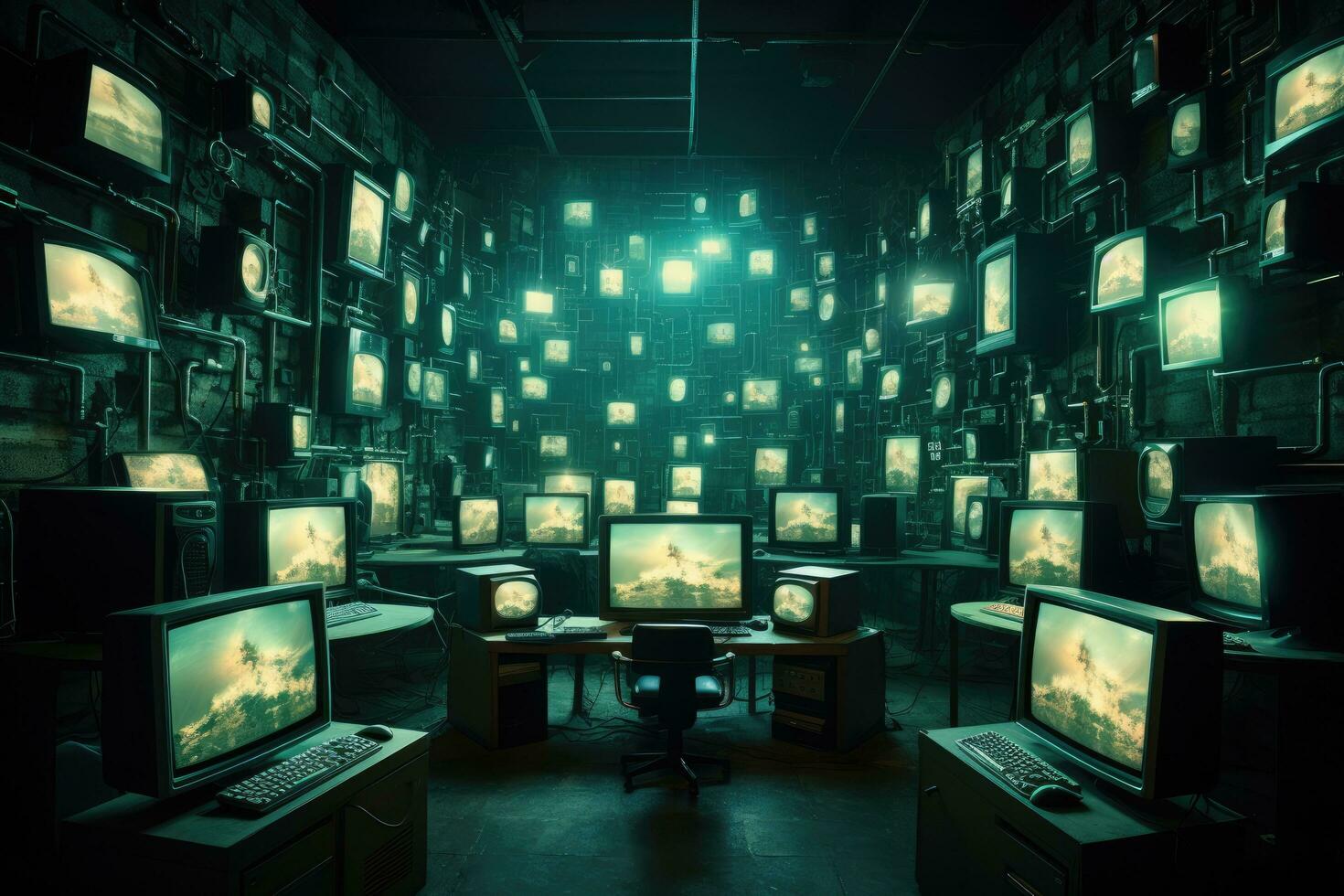 Vintage TV room with many old computer monitors. 3d rendering, Computer monitors in a room with many screens and monitors on the wall, AI Generated photo