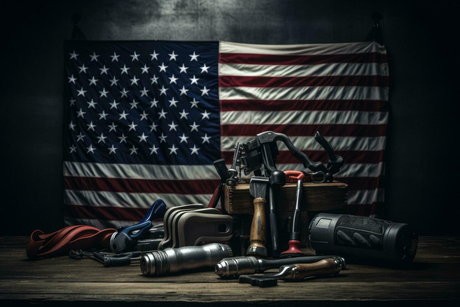 Still life with assault rifle and military equipment on wooden table. American military concept. Selective focus, Construction and manufacturing tools with patriotic US, USA, AI Generated photo
