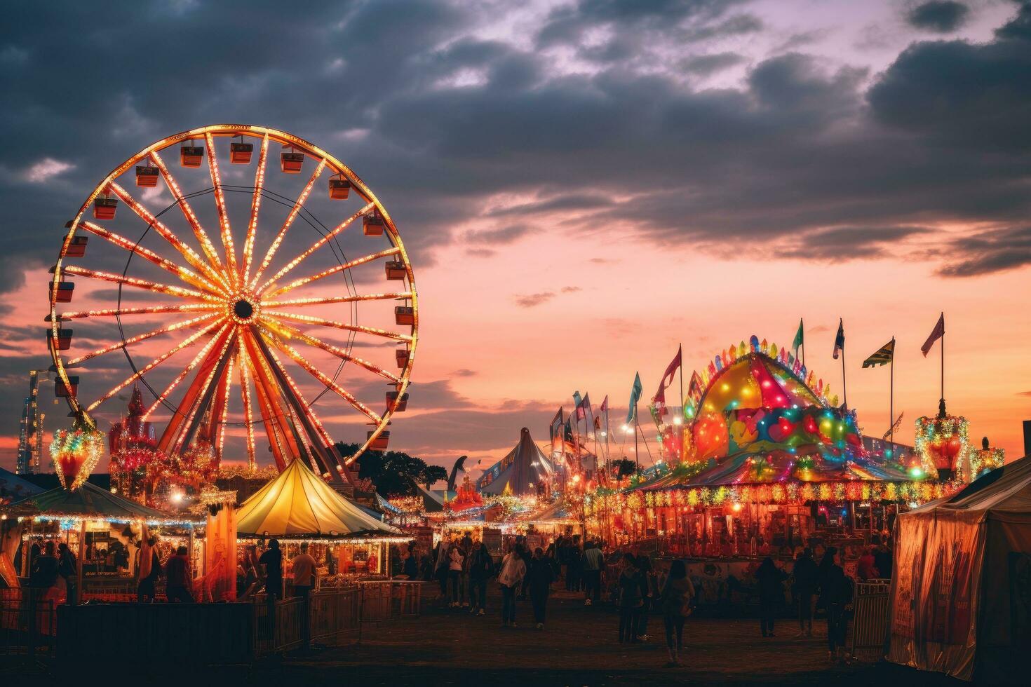 personas en el recinto ferial a atardecer, vistoso verano carnaval a oscuridad, ai generado foto