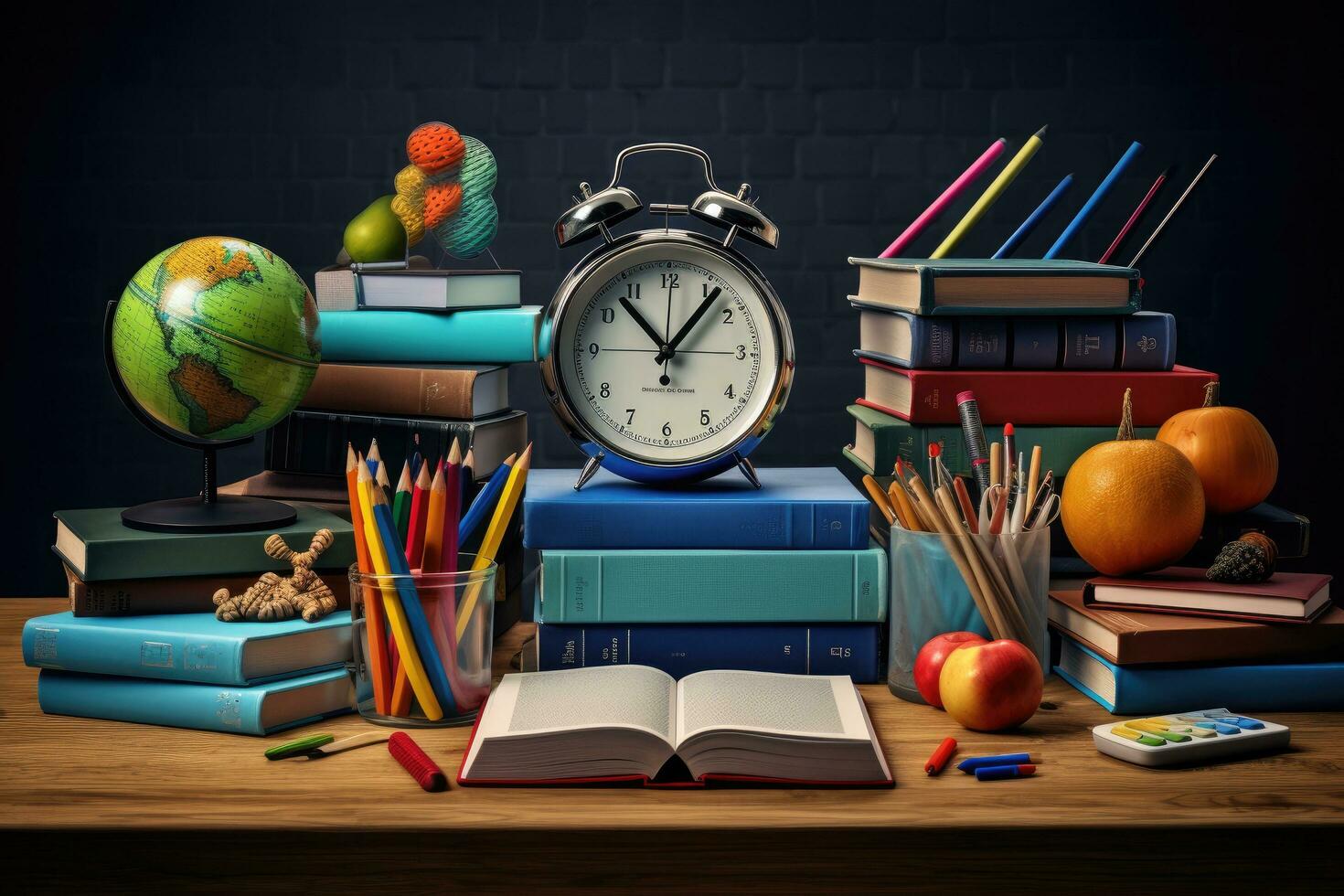 Back to school concept with alarm clock, books and apple on wooden table, Composite image of school supplies on desk, AI Generated photo