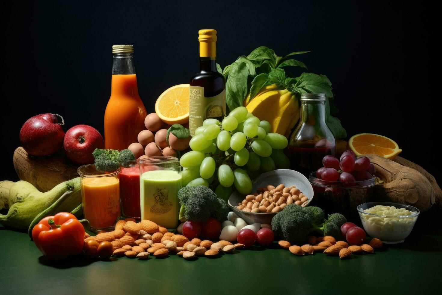 Composition with variety of healthy products on dark background. Balanced diet, Composition with food products rich in niacin, AI Generated photo