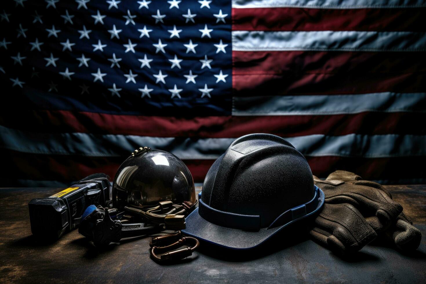American labor day concept with helmet, gloves and camera on the US flag background, Construction and manufacturing tools with patriotic US, USA, American flag on dark black background, AI Generated photo