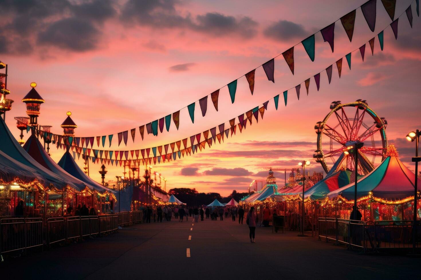 Carnival at sunset. Ferris wheel and fairground rides, colorful summer carnival at dusk, AI Generated photo