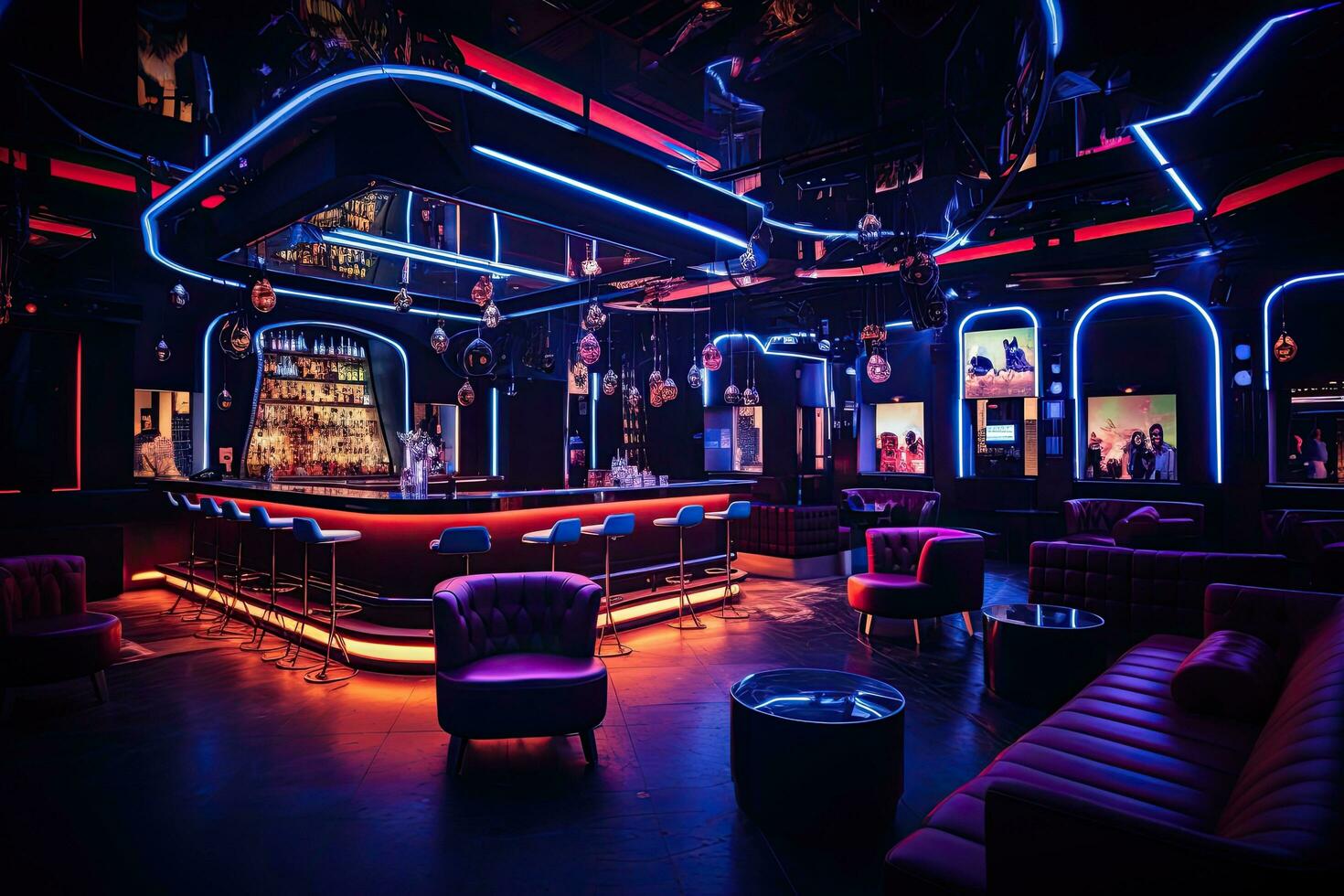 Interior of a night club with neon lights and red chairs, colorful interior of bright and beautiful night club with dark seats and glowing lights, AI Generated photo