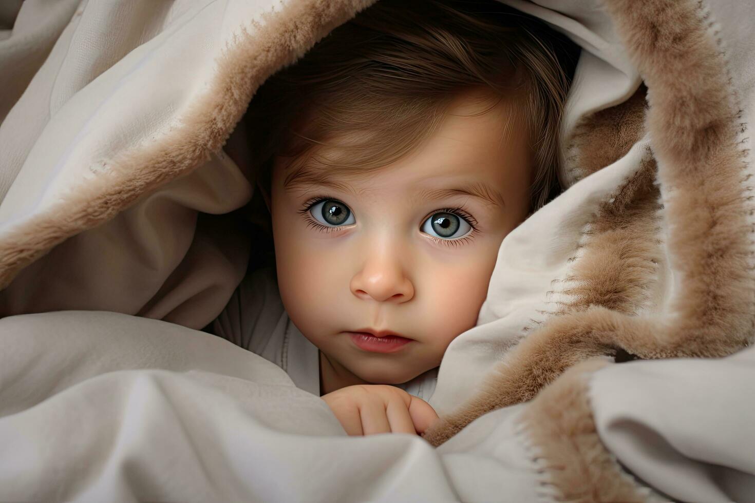 retrato de un linda pequeño niña acostado debajo el cobija y mirando a el cámara, linda bebé chico debajo el frazada. de cerca retrato, ai generado foto