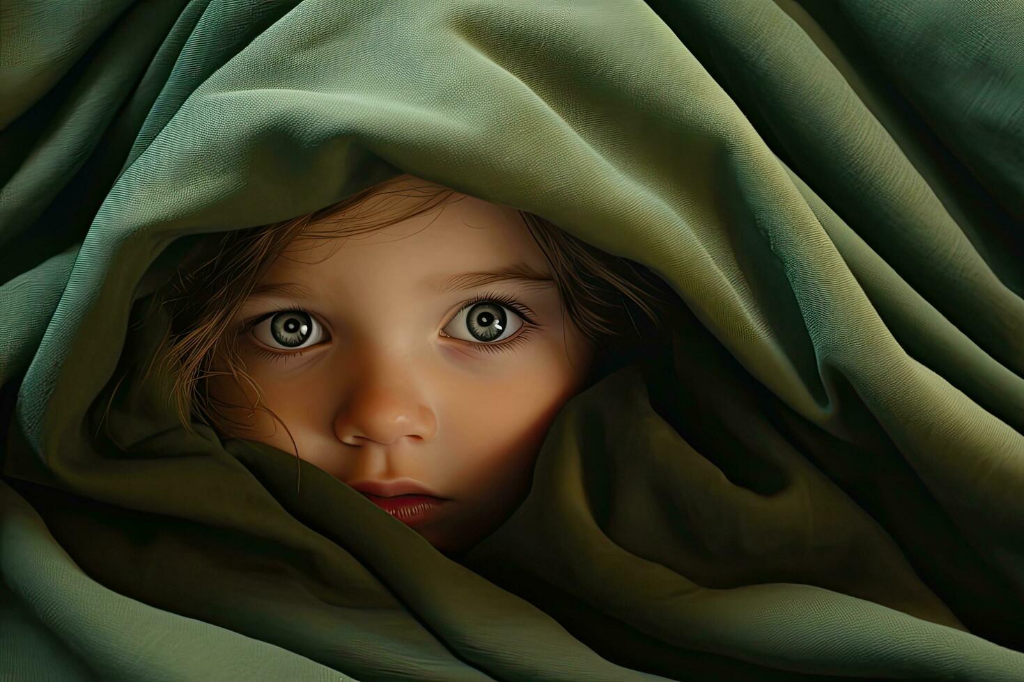 de cerca retrato de un pequeño niña cubierto con verde paño, linda pequeño bebé niña es ocultación debajo un verde cobija en cama, ai generado foto