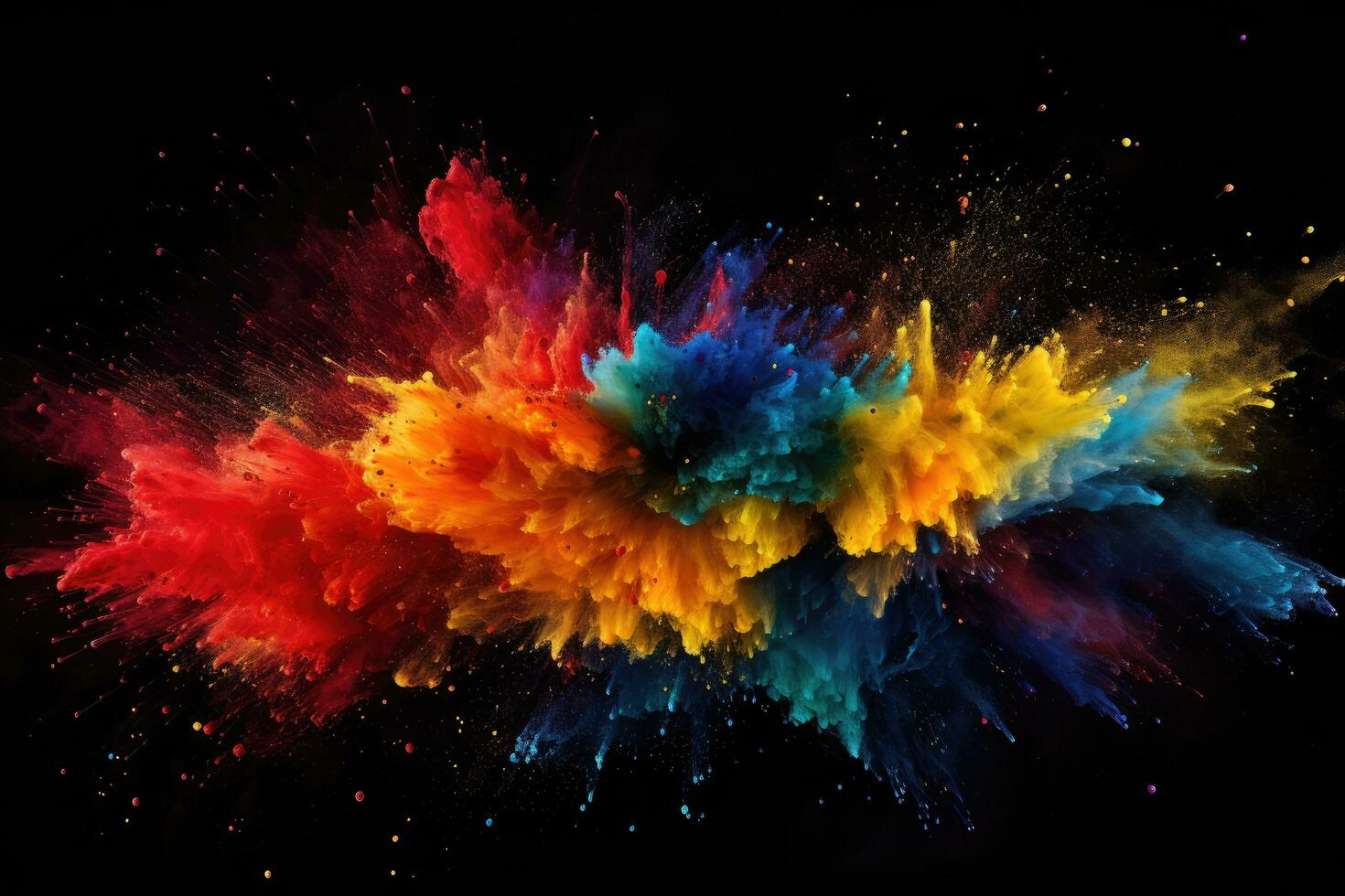 Explosion of colored powder, isolated on black background. Abstract colored background, color dust splash on a dark black background, AI Generated photo