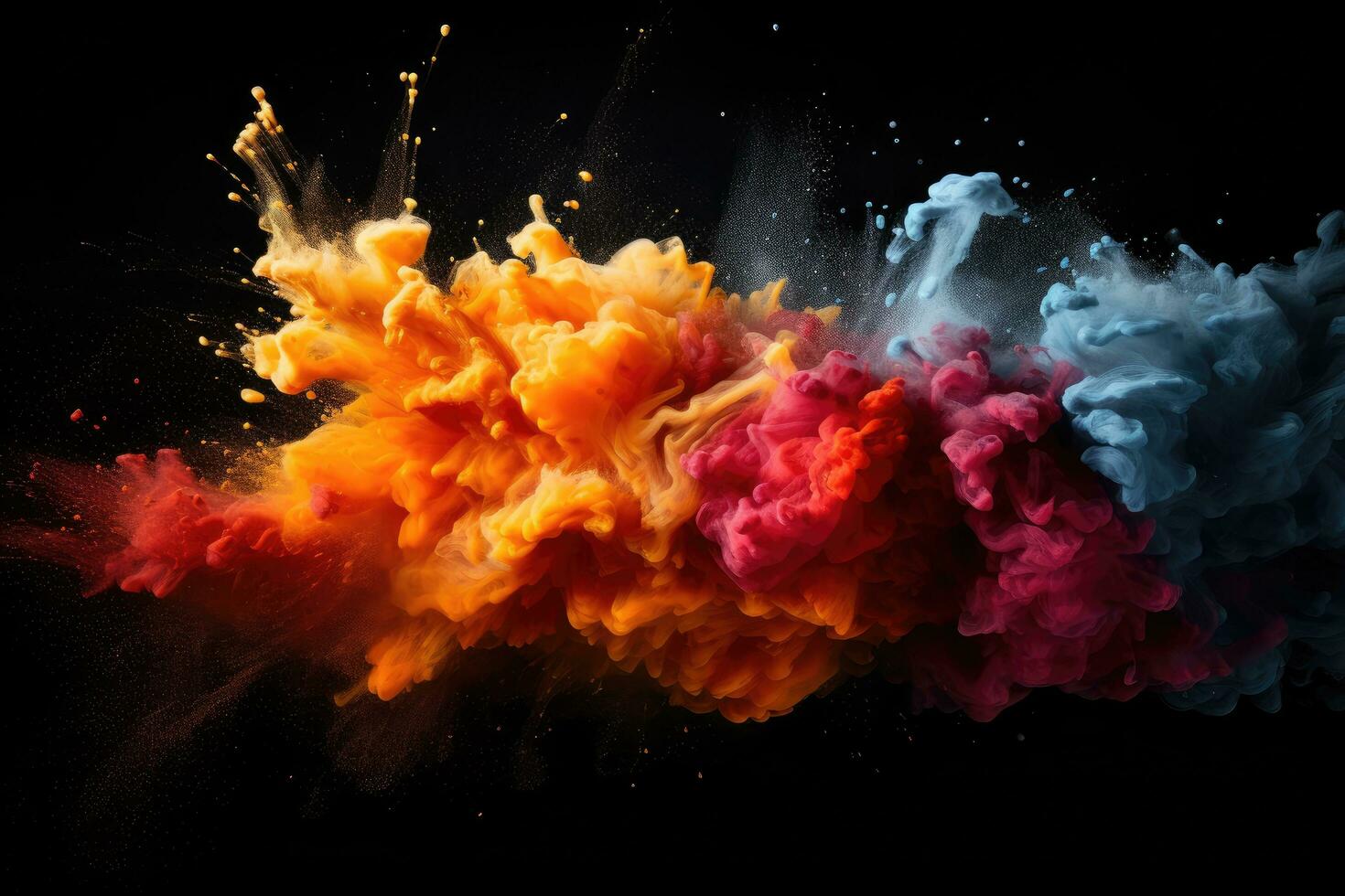 Colorful cloud of ink in water isolated on black background. Abstract background, color dust splash on a dark black background, AI Generated photo