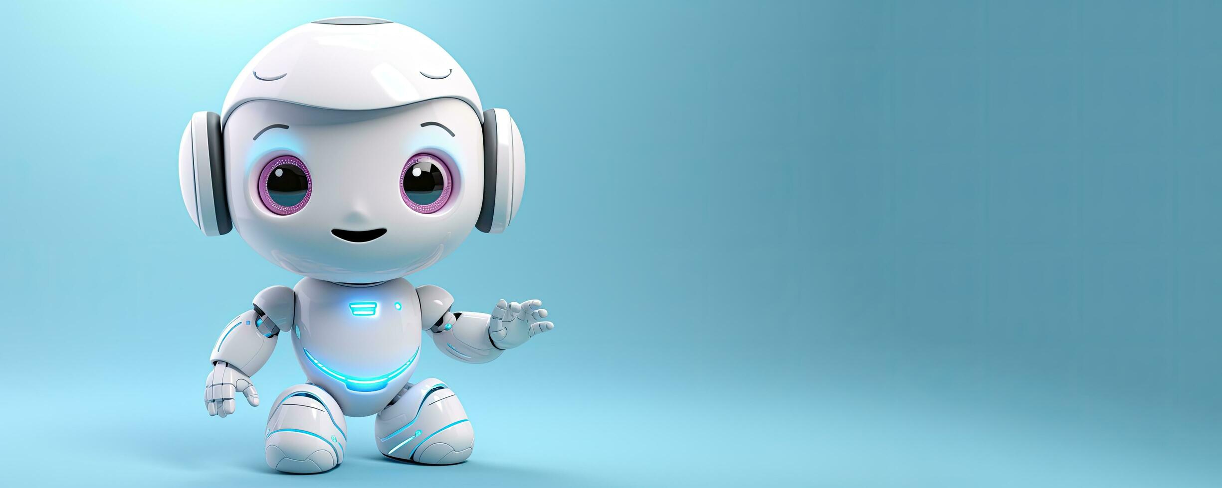 3d rendering of a robot character on blue background with copy space, cute white System Artificial intelligence Chat Bot AI, AI Generated photo