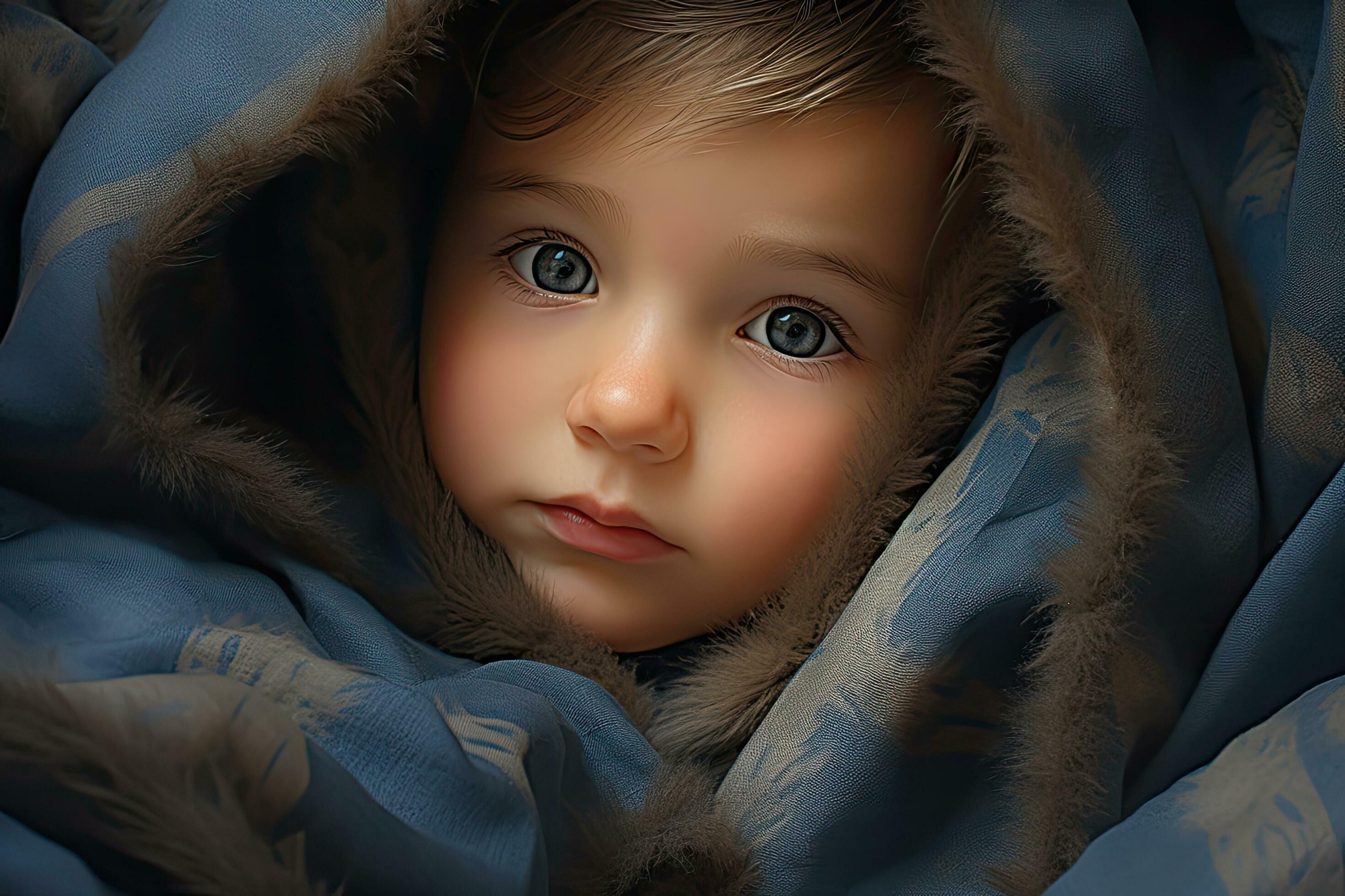 3d rendering of a cute little baby boy wearing a blue blanket, Cute
