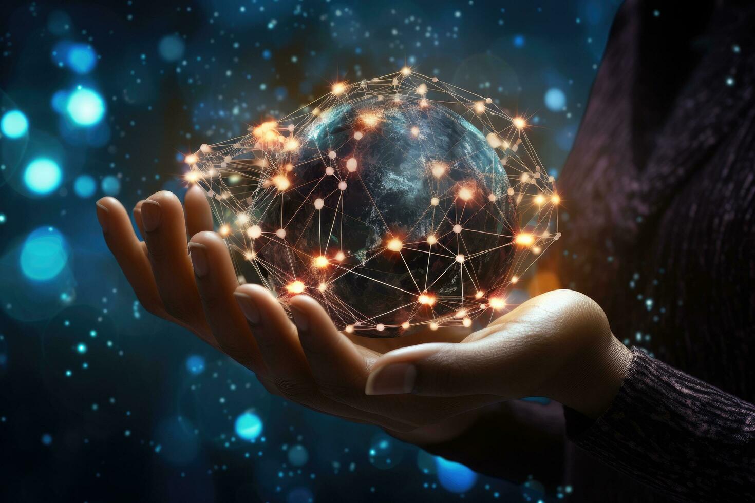 Close up of human hand holding Earth planet with global network connection concept, Close up of woman hand holding global network connection concept. Mixed media, AI Generated photo