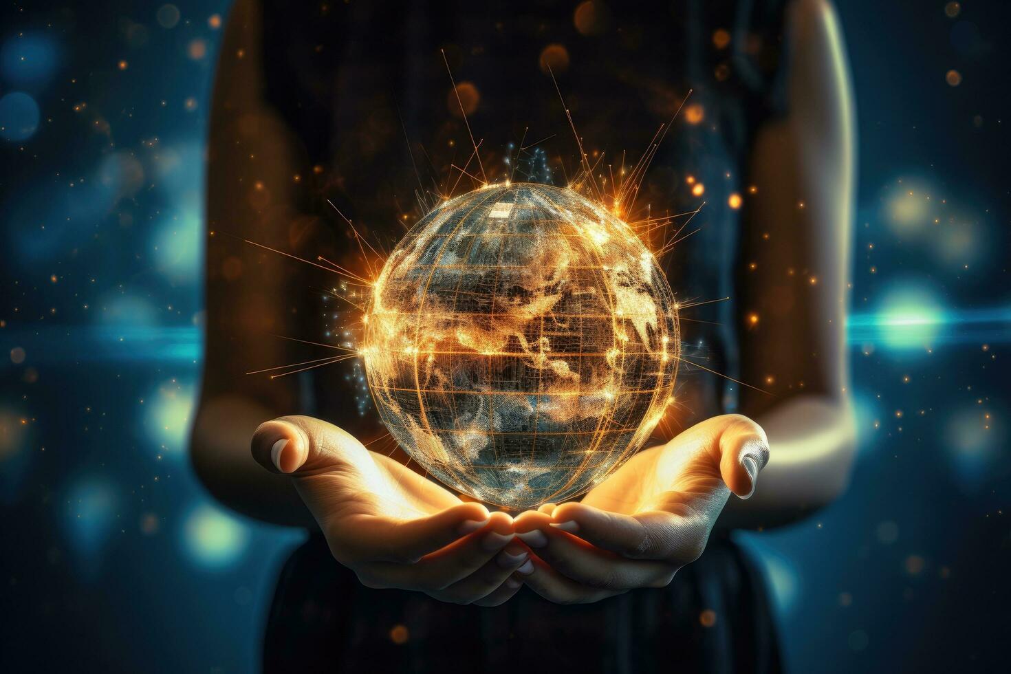 Close up of woman holding planet earth in her hands. 3D rendering, Close up of woman hand holding global network connection concept. Mixed media, AI Generated photo