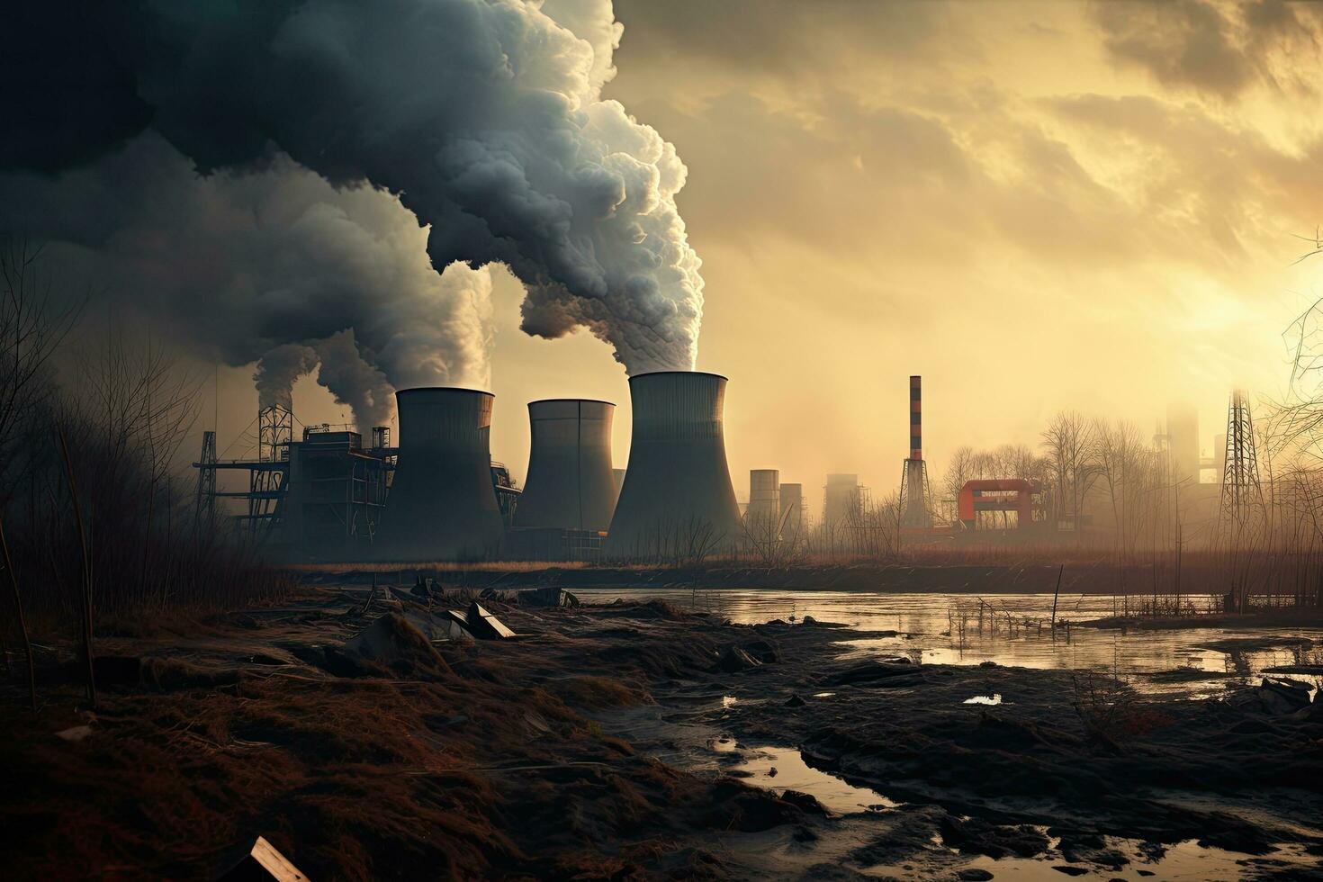 Power plant with smoking chimneys. Global warming and climate change concept, Coalfired power plant with plumes of smoke and steam rising from the cooling towers, AI Generated photo