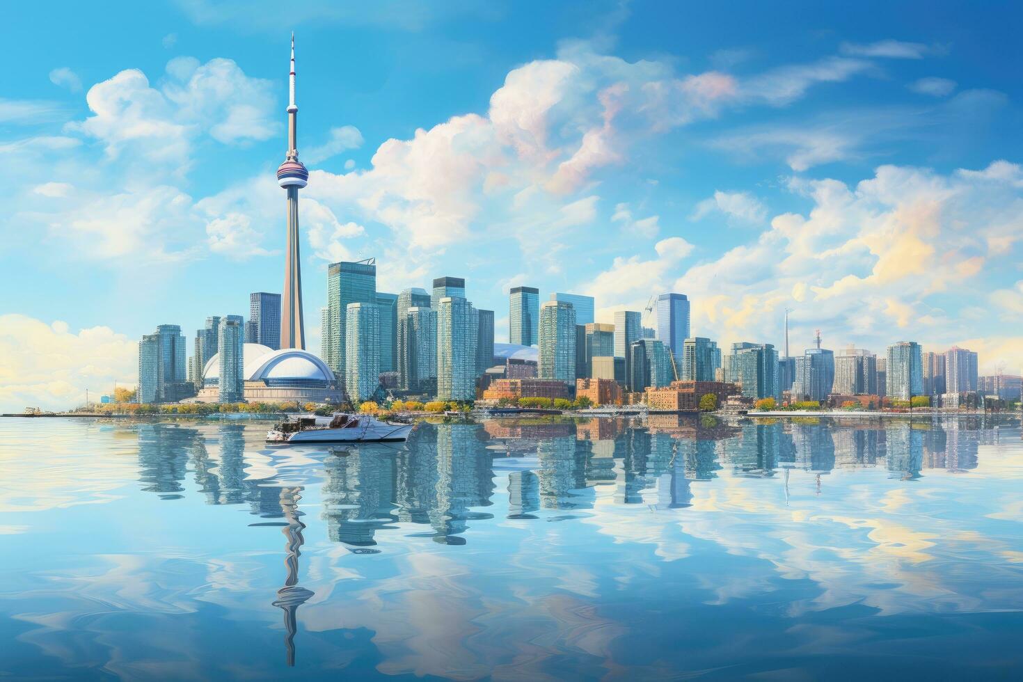 Toronto city skyline with reflection in water, Ontario, Canada. Panoramic view, CN tower and Toronto Harbour reflection, AI Generated photo
