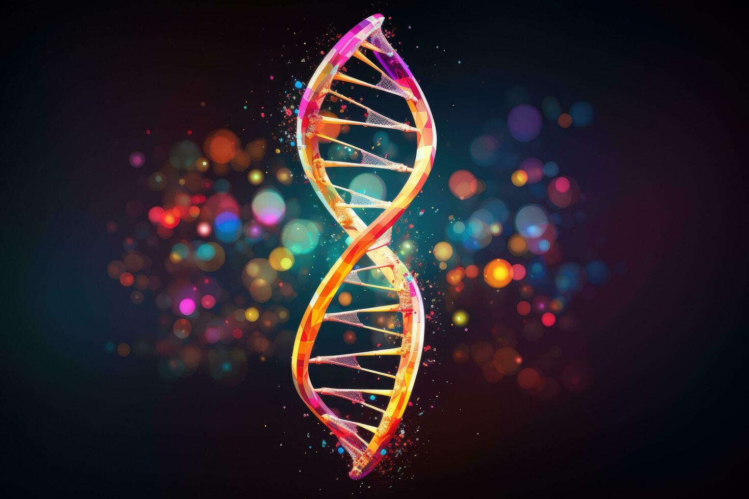 DNA molecule on dark background. 3d illustration. Science concept, code of genetic human Spiral DNA polygonal, AI Generated photo