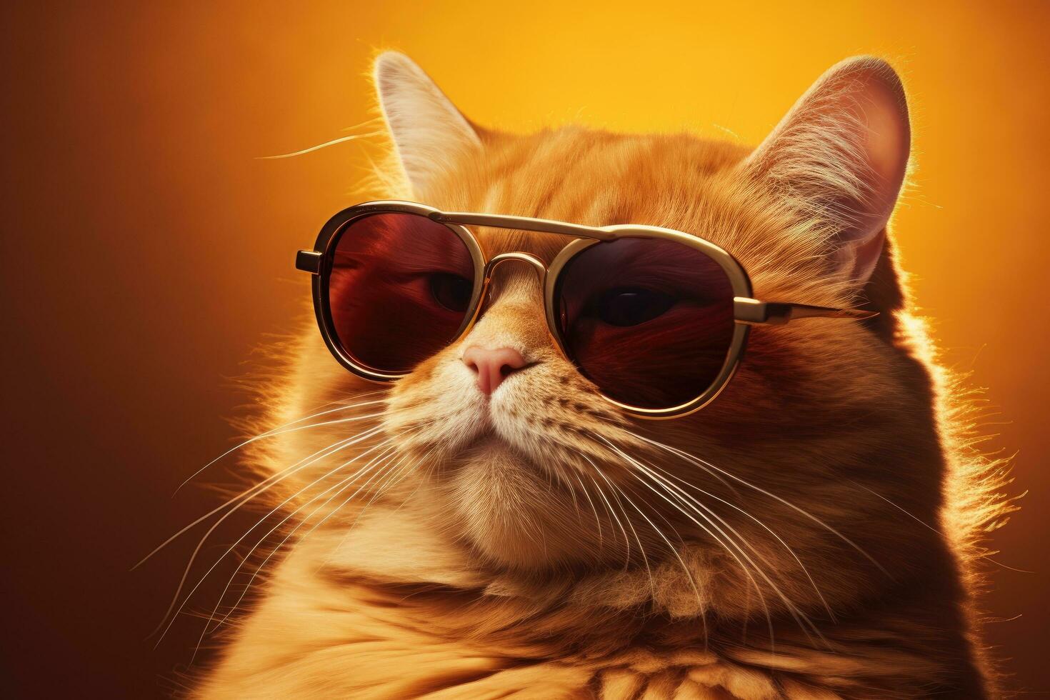 retrato de un rojo gato en Gafas de sol en un amarillo fondo, de cerca retrato de un gracioso jengibre gato vistiendo Gafas de sol, ai generado foto