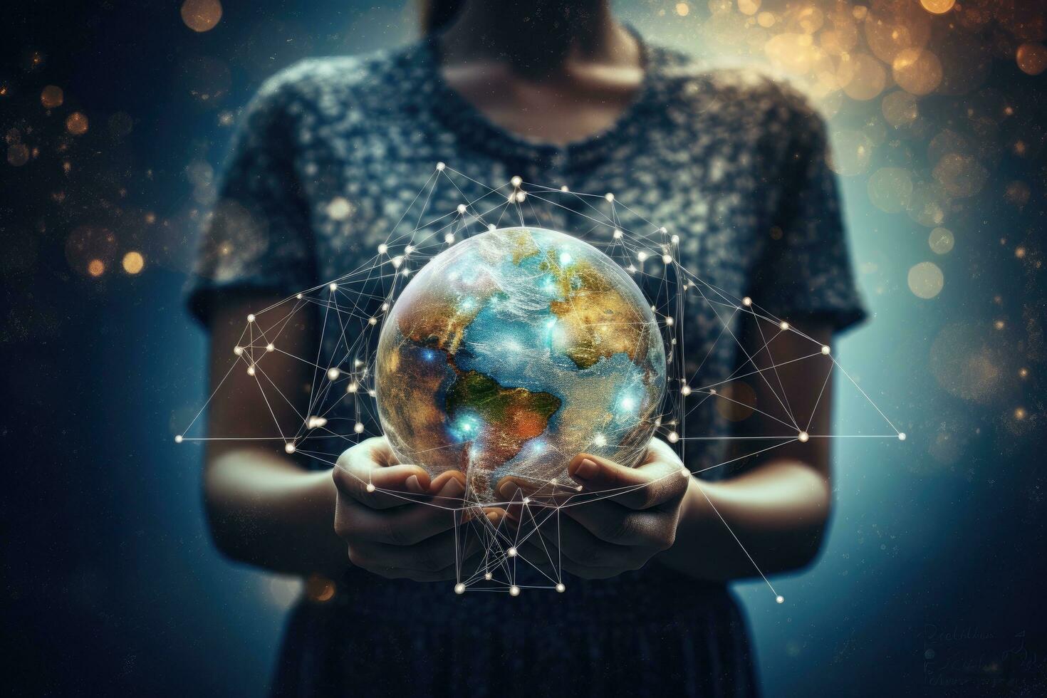 Close up of woman holding Earth planet in hands. Elements of this image are furnished by NASA, Close up of woman hand holding global network connection concept. Mixed media, AI Generated photo