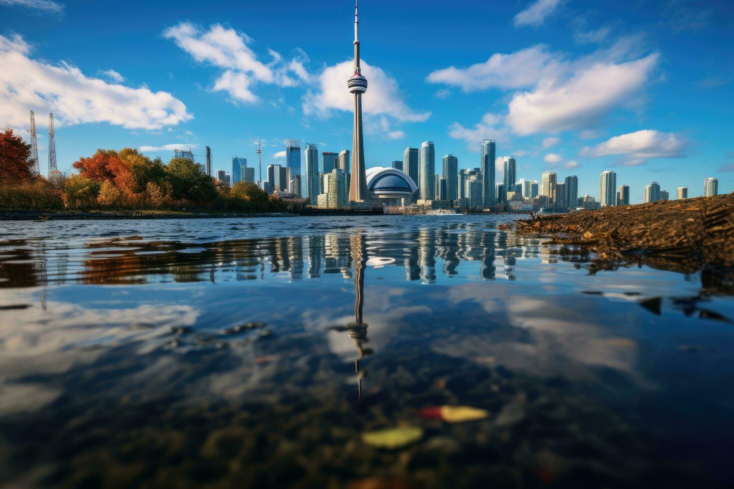 Toronto city skyline reflected in the water with autumn leaves. Ontario, Canada, CN tower and Toronto Harbour reflection, AI Generated photo