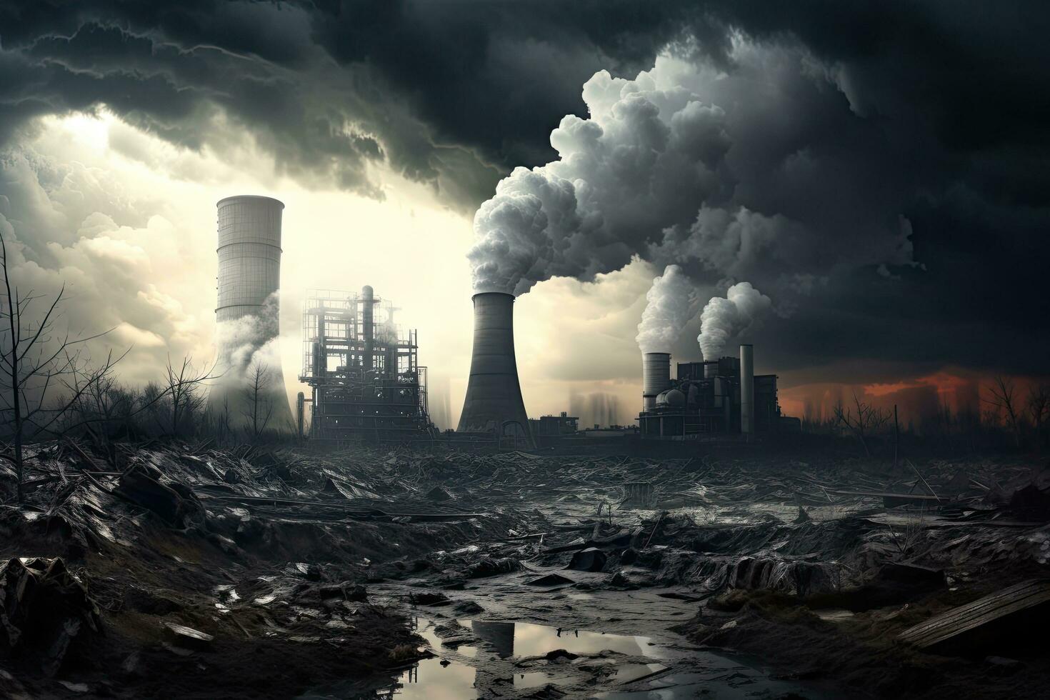 Power plant polluting the environment. Global warming concept. 3D rendering, Coalfired power plant with plumes of smoke and steam rising from the cooling towers, AI Generated photo