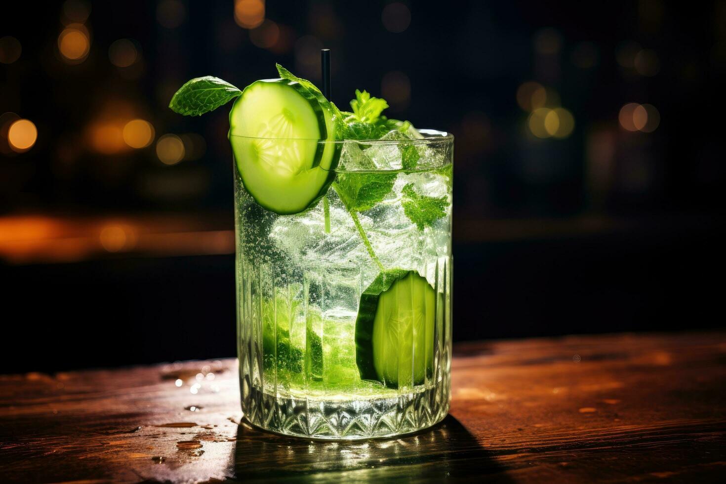 Cucumber mojito cocktail on bar counter in night club, Cocktail with cucumber, ice on bar counter in a restaurant, pub, AI Generated photo